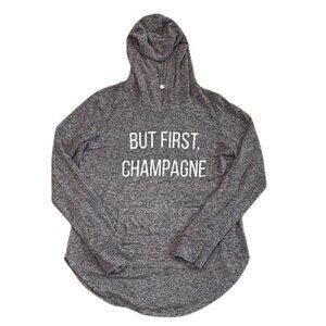 Grayson Threads Charcoal Knit Hoodie with Pocket “But First, Champagne” - Size L